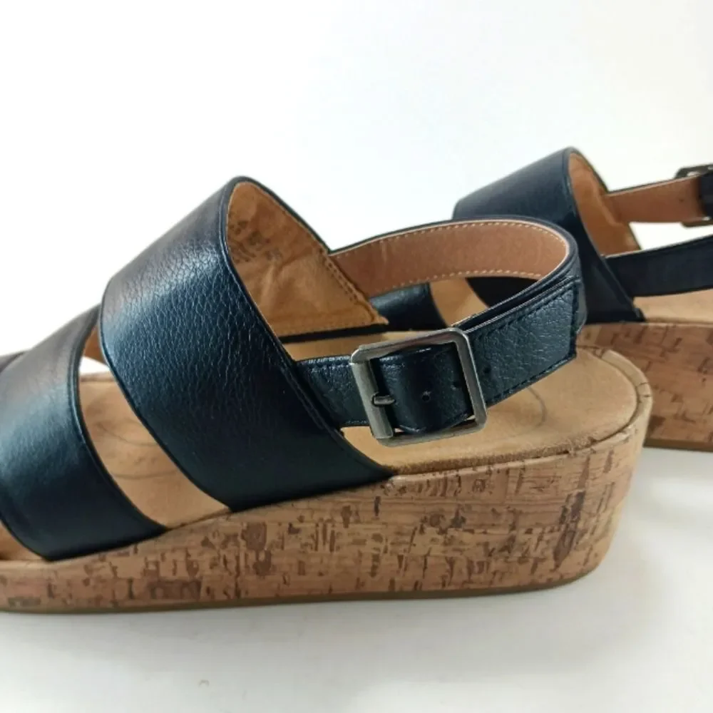Life Stride Wyonna Low Profile Cork Wedge 3 Band Active Arch Black Womans 9.5.